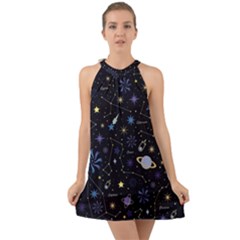 Starry Night  Space Constellations  Stars  Galaxy  Universe Graphic  Illustration Halter Tie Back Chiffon Dress by Grandong