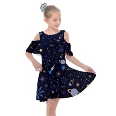 Starry Night  Space Constellations  Stars  Galaxy  Universe Graphic  Illustration Kids  Shoulder Cutout Chiffon Dress by Grandong