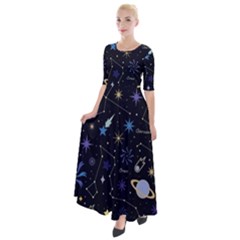 Starry Night  Space Constellations  Stars  Galaxy  Universe Graphic  Illustration Half Sleeves Maxi Dress by Grandong