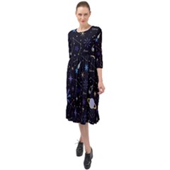 Starry Night  Space Constellations  Stars  Galaxy  Universe Graphic  Illustration Ruffle End Midi Chiffon Dress by Grandong