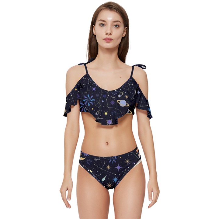 Starry Night  Space Constellations  Stars  Galaxy  Universe Graphic  Illustration Ruffle Edge Tie Up Bikini Set	