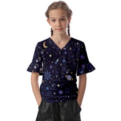 Starry Night  Space Constellations  Stars  Galaxy  Universe Graphic  Illustration Kids  V-neck Horn Sleeve Blouse by Grandong