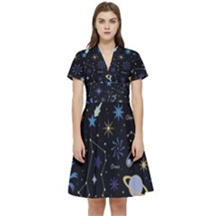 Starry Night  Space Constellations  Stars  Galaxy  Universe Graphic  Illustration Short Sleeve Waist Detail Dress by Grandong