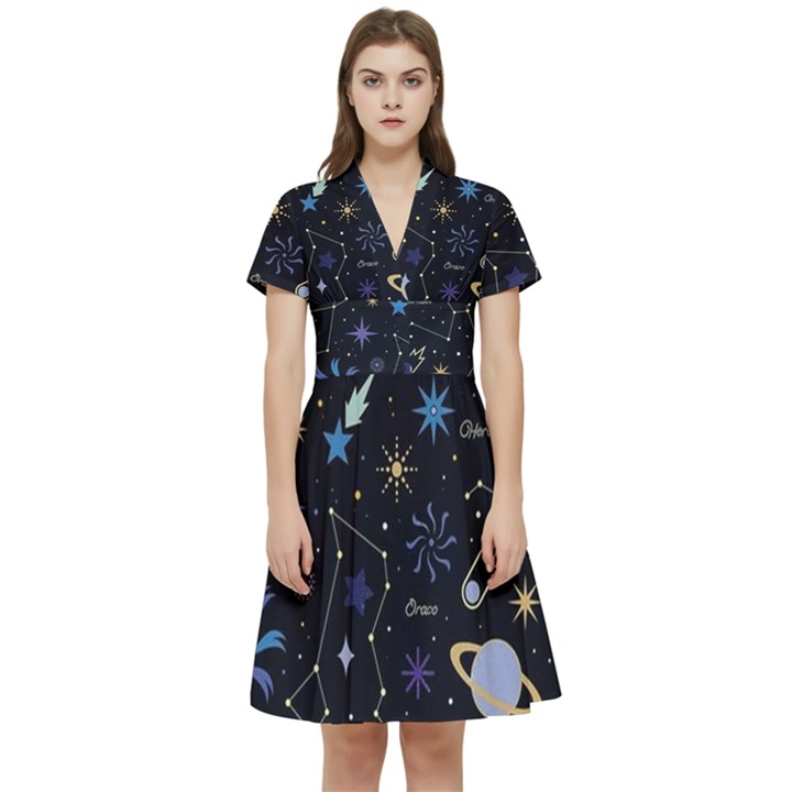 Starry Night  Space Constellations  Stars  Galaxy  Universe Graphic  Illustration Short Sleeve Waist Detail Dress