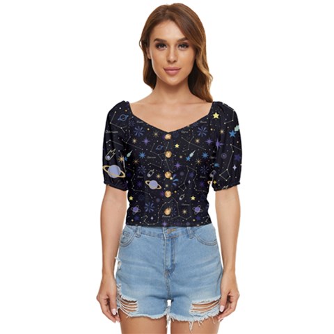 Starry Night  Space Constellations  Stars  Galaxy  Universe Graphic  Illustration Button Up Blouse by Grandong