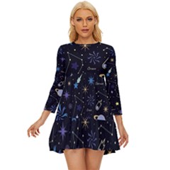 Starry Night  Space Constellations  Stars  Galaxy  Universe Graphic  Illustration Long Sleeve Babydoll Dress by Grandong