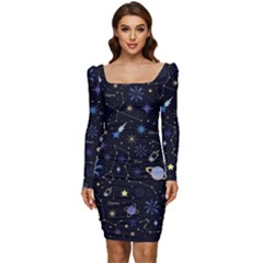 Starry Night  Space Constellations  Stars  Galaxy  Universe Graphic  Illustration Women Long Sleeve Ruched Stretch Jersey Dress by Grandong