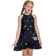 Starry Night  Space Constellations  Stars  Galaxy  Universe Graphic  Illustration Kids  Halter Collar Waist Tie Chiffon Dress by Grandong