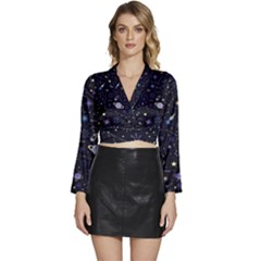 Starry Night  Space Constellations  Stars  Galaxy  Universe Graphic  Illustration Long Sleeve Tie Back Satin Wrap Top by Grandong