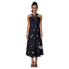 Starry Night  Space Constellations  Stars  Galaxy  Universe Graphic  Illustration Sleeveless Cross Front Cocktail Midi Chiffon Dress by Grandong