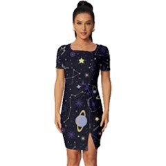 Starry Night  Space Constellations  Stars  Galaxy  Universe Graphic  Illustration Fitted Knot Split End Bodycon Dress by Grandong