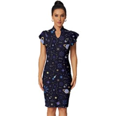 Starry Night  Space Constellations  Stars  Galaxy  Universe Graphic  Illustration Vintage Frill Sleeve V-neck Bodycon Dress by Grandong