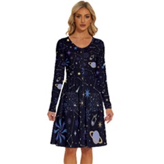 Starry Night  Space Constellations  Stars  Galaxy  Universe Graphic  Illustration Long Sleeve Dress With Pocket by Grandong