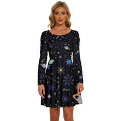 Starry Night  Space Constellations  Stars  Galaxy  Universe Graphic  Illustration Long Sleeve Wide Neck Velvet Dress by Grandong