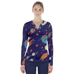 Space Galaxy Planet Universe Stars Night Fantasy V-neck Long Sleeve Top by Grandong