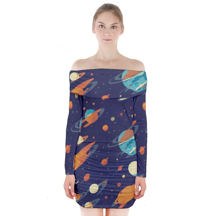 Space Galaxy Planet Universe Stars Night Fantasy Long Sleeve Off Shoulder Dress