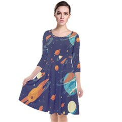 Space Galaxy Planet Universe Stars Night Fantasy Quarter Sleeve Waist Band Dress by Grandong