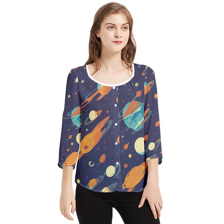 Space Galaxy Planet Universe Stars Night Fantasy Chiffon Quarter Sleeve Blouse