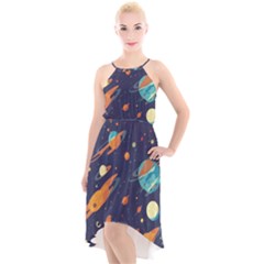 Space Galaxy Planet Universe Stars Night Fantasy High-low Halter Chiffon Dress  by Grandong