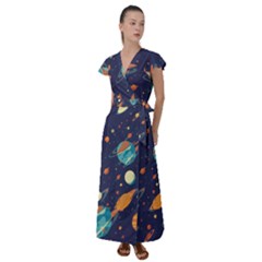 Space Galaxy Planet Universe Stars Night Fantasy Flutter Sleeve Maxi Dress by Grandong