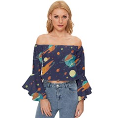 Space Galaxy Planet Universe Stars Night Fantasy Off Shoulder Flutter Bell Sleeve Top by Grandong