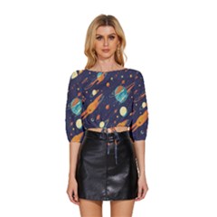 Space Galaxy Planet Universe Stars Night Fantasy Mid Sleeve Drawstring Hem Top by Grandong