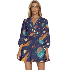 Space Galaxy Planet Universe Stars Night Fantasy V-neck Placket Mini Dress by Grandong