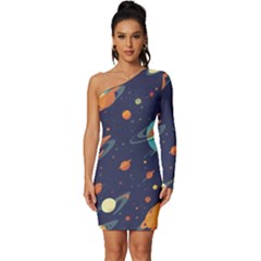 Space Galaxy Planet Universe Stars Night Fantasy Long Sleeve One Shoulder Mini Dress by Grandong