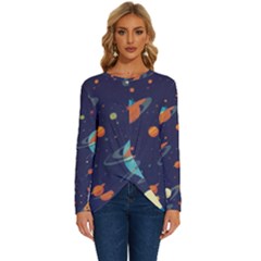 Space Galaxy Planet Universe Stars Night Fantasy Long Sleeve Crew Neck Pullover Top by Grandong