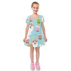 Welsh Corgi Boba Tea Bubble Cute Kawaii Dog Breed Kids  Short Sleeve Velvet Dress by Grandong