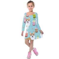 Welsh Corgi Boba Tea Bubble Cute Kawaii Dog Breed Kids  Long Sleeve Velvet Dress by Grandong