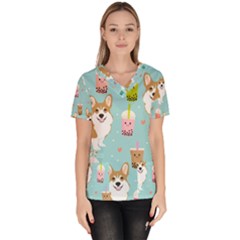 Welsh Corgi Boba Tea Bubble Cute Kawaii Dog Breed Women s V-neck Scrub Top by Grandong