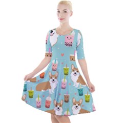 Welsh Corgi Boba Tea Bubble Cute Kawaii Dog Breed Quarter Sleeve A-line Dress by Grandong