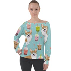 Welsh Corgi Boba Tea Bubble Cute Kawaii Dog Breed Off Shoulder Long Sleeve Velour Top by Grandong