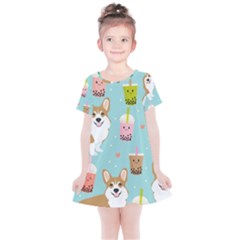 Welsh Corgi Boba Tea Bubble Cute Kawaii Dog Breed Kids  Simple Cotton Dress by Grandong