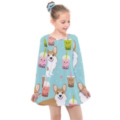 Welsh Corgi Boba Tea Bubble Cute Kawaii Dog Breed Kids  Long Sleeve Dress by Grandong