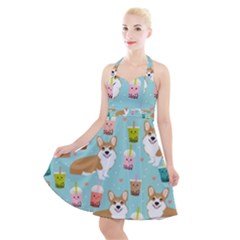 Welsh Corgi Boba Tea Bubble Cute Kawaii Dog Breed Halter Party Swing Dress  by Grandong