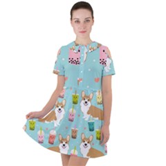 Welsh Corgi Boba Tea Bubble Cute Kawaii Dog Breed Short Sleeve Shoulder Cut Out Dress  by Grandong