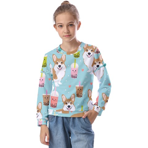 Welsh Corgi Boba Tea Bubble Cute Kawaii Dog Breed Kids  Long Sleeve T-shirt With Frill  by Grandong