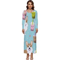 Welsh Corgi Boba Tea Bubble Cute Kawaii Dog Breed Long Sleeve Longline Maxi Dress by Grandong