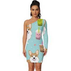 Welsh Corgi Boba Tea Bubble Cute Kawaii Dog Breed Long Sleeve One Shoulder Mini Dress by Grandong