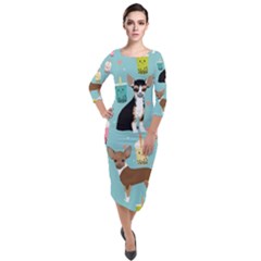 Chihuahua Bubble Kawaii Boba Tea Cute Dog Quarter Sleeve Midi Velour Bodycon Dress by Grandong