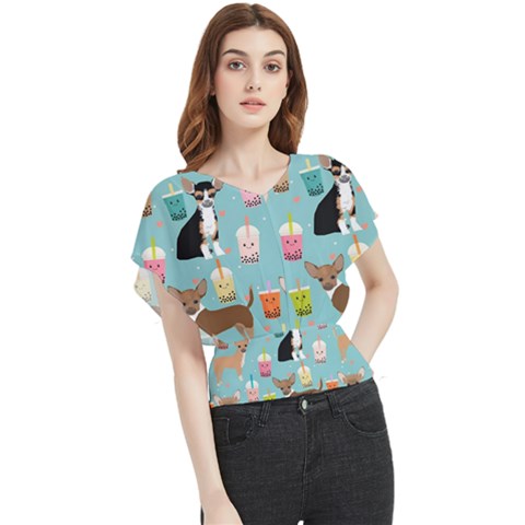 Chihuahua Bubble Kawaii Boba Tea Cute Dog Butterfly Chiffon Blouse by Grandong