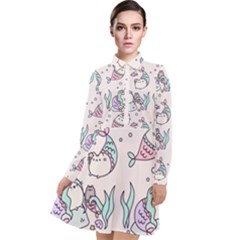 Cartoon Cat Cute Animal Design Drawing Illustration Kawaii Long Sleeve Chiffon Shirt Dress by Grandong