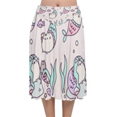 Cartoon Cat Cute Animal Design Drawing Illustration Kawaii Velvet Flared Midi Skirt by Grandong