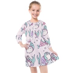 Cartoon Cat Cute Animal Design Drawing Illustration Kawaii Kids  Quarter Sleeve Shirt Dress by Grandong