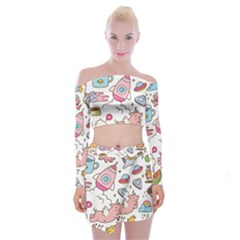 Set-kawaii-doodles -- Off Shoulder Top With Mini Skirt Set by Grandong