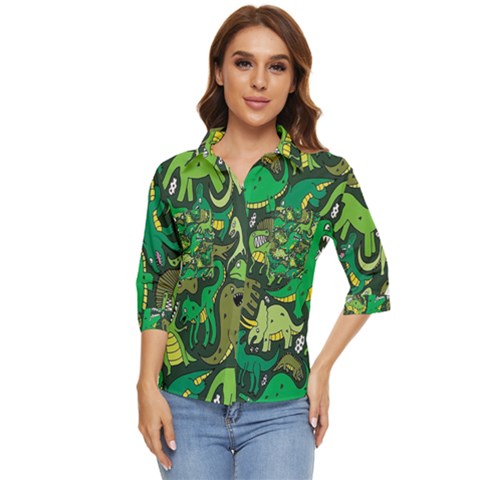 Dino Kawaii Women s Quarter Sleeve Pocket Shirt by Grandong