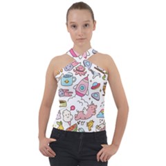 Set-kawaii-doodles -- Cross Neck Velour Top by Grandong