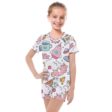 Set-kawaii-doodles -- Kids  Mesh T-shirt And Shorts Set by Grandong